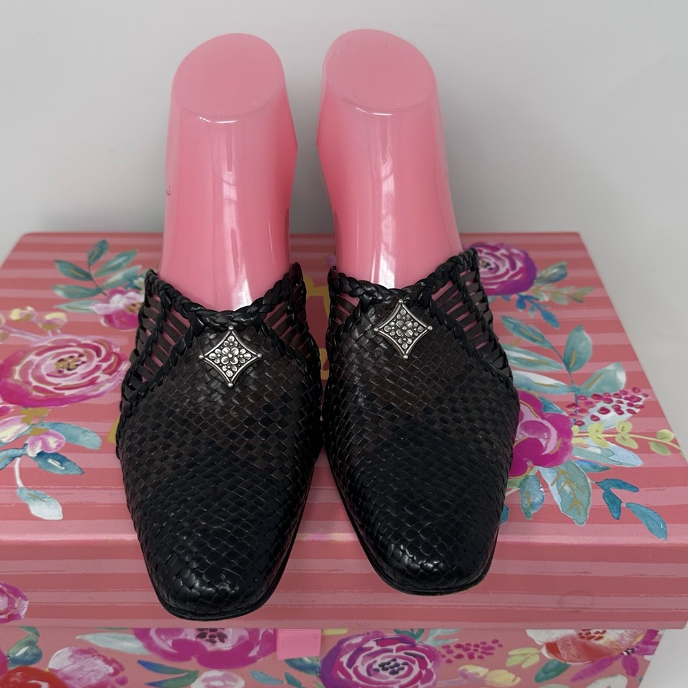 Brighton Black Woven Leather Mules with Silver Accent